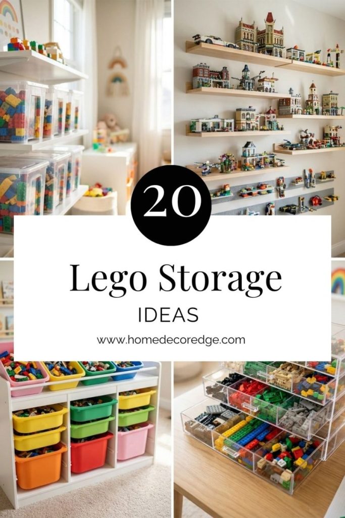 Four clever lego storage ideas in bright kids rooms including bins shelves and display walls