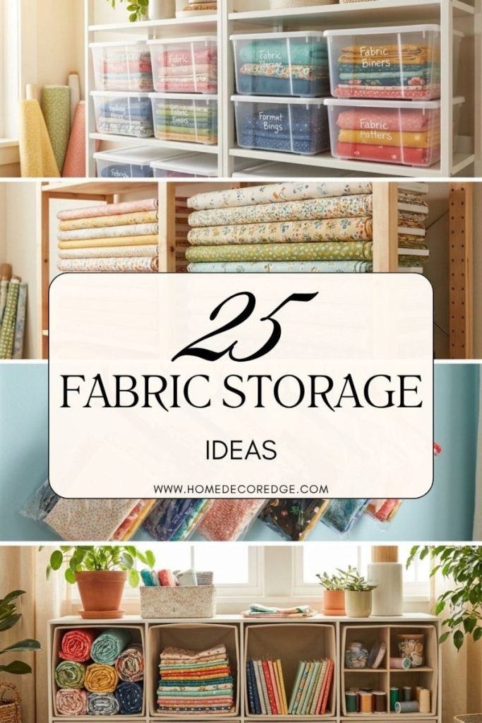Four clever fabric storage ideas including bins bolt rack clear bags and cube organizers in bright sewing room