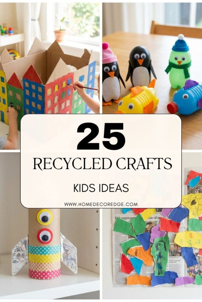 Four creative recycled crafts kids projects including cardboard city plastic bottle animals and toilet roll rockets