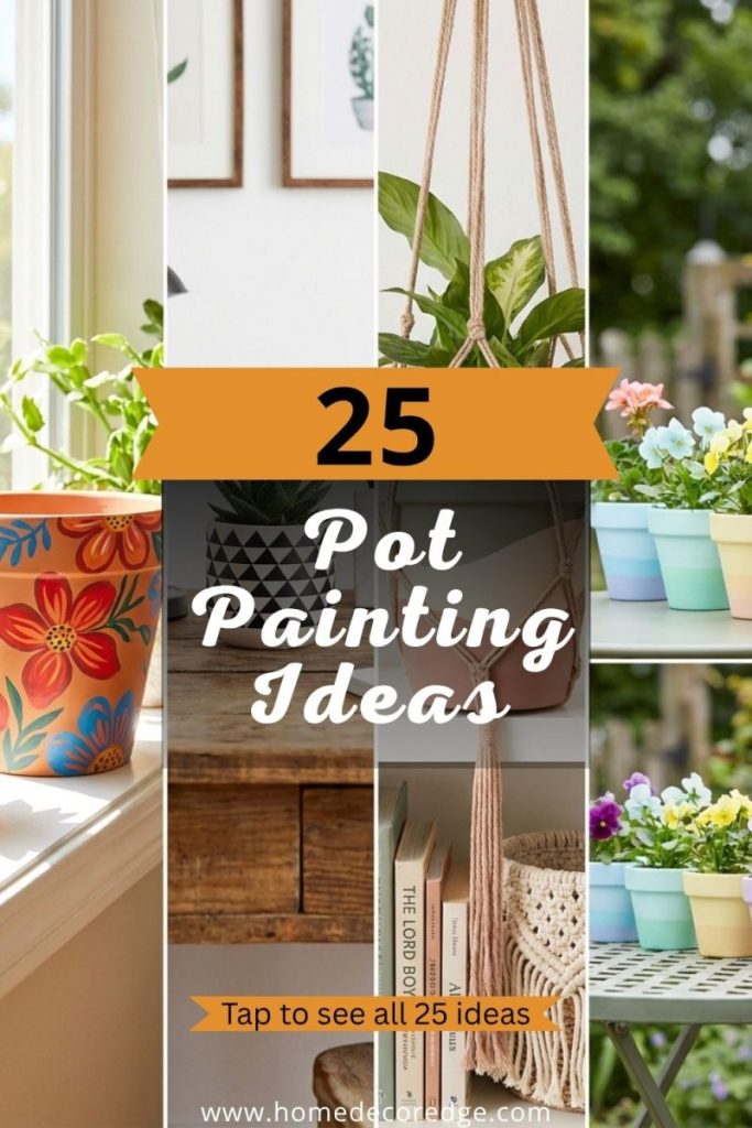 Four creative painted flower pot ideas including floral geometric bohemian and pastel rainbow designs