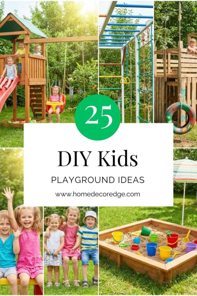 Four bright colorful DIY kids playground ideas in sunny backyard settings