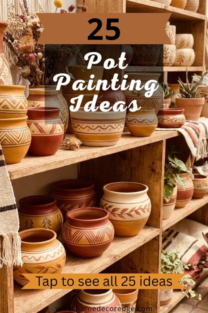  Traditional earthen clay pots painted in warm earthy tones with tribal geometric patterns in ochre and red 