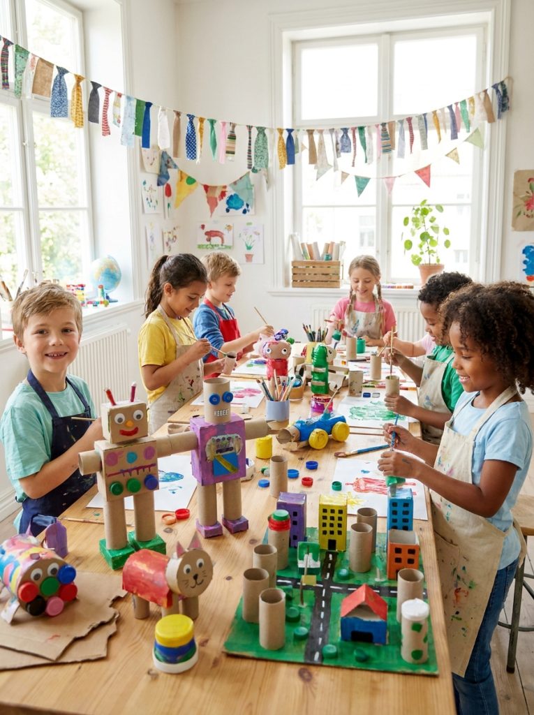Creative waste material craft ideas with recycled cardboard tubes toilet paper rolls and packaging transformed into colorful creations