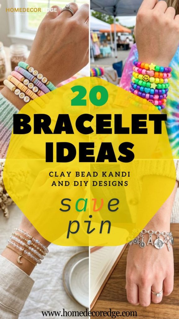Four bracelet ideas including pastel clay bead stack rainbow kandi bracelet delicate glass bead with gold and personal charm bracelet
