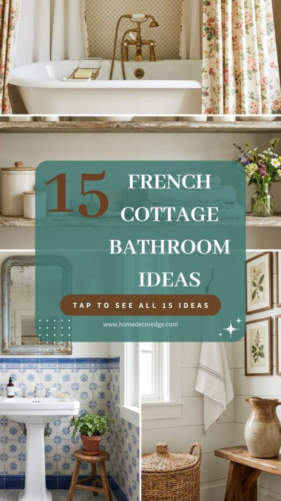 Four french cottage bathroom ideas including vintage clawfoot tub rustic wooden shelf blue white bathroom and chic farmhouse country design