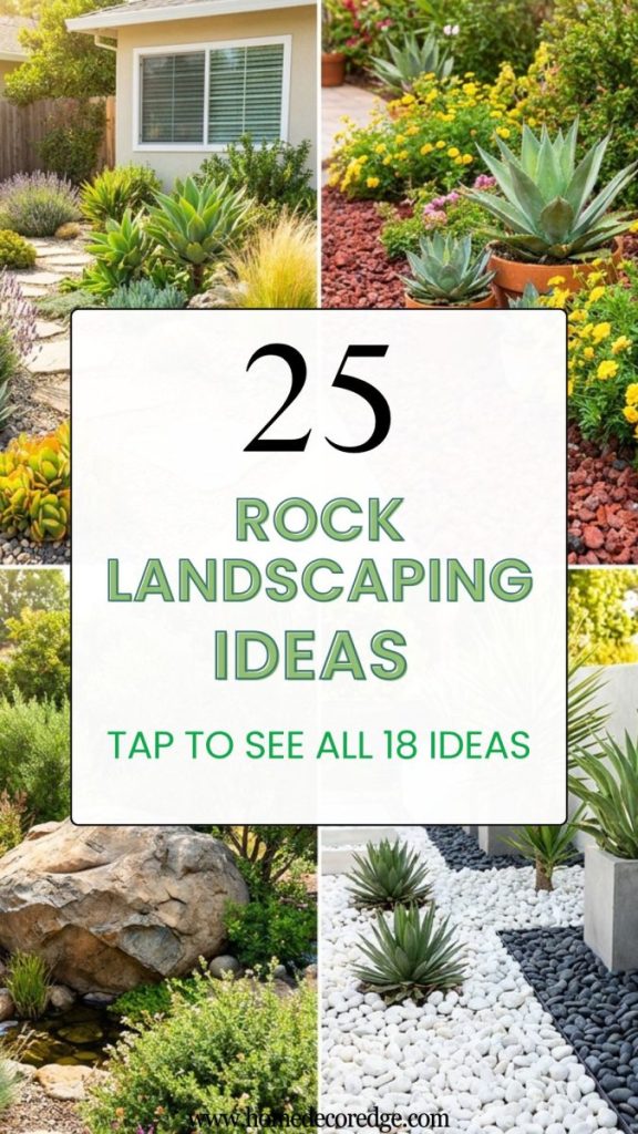 Four rock landscaping ideas including simple front yard rock garden large boulder backyard red lava rock bed and white black modern design