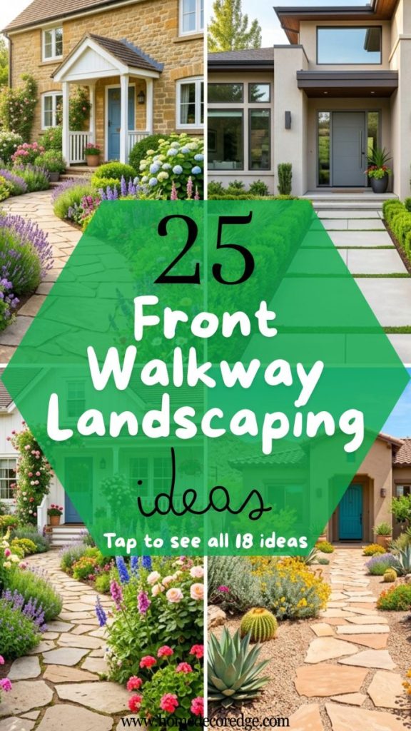 Four front walkway landscaping ideas including curved flower bed stone path straight modern boxwood farmhouse cottage and desert Arizona