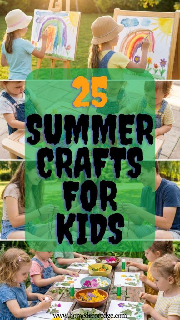 Four summer crafts including kids watercolor painting outside toddler sensory play teens friendship bracelets and preschool nature collages