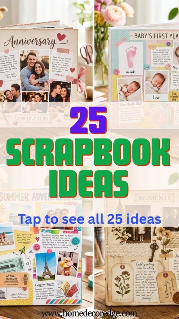 Four scrapbook ideas including romantic boyfriend anniversary baby milestone summer travel and vintage aesthetic beautifully decorated pages