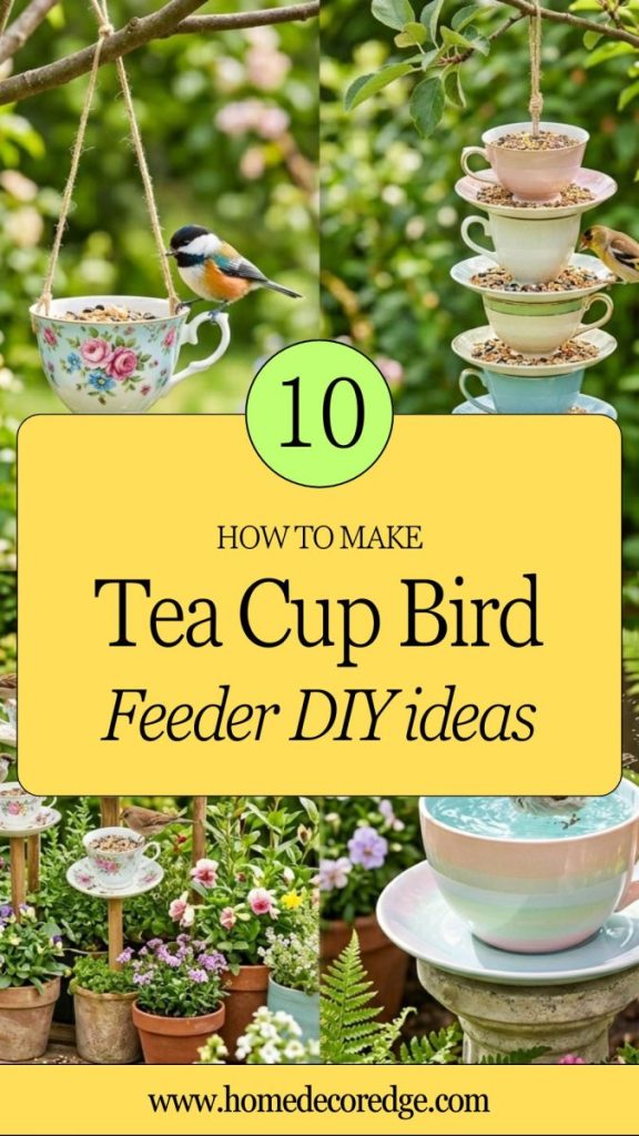 Four tea cup bird feeder DIY ideas including vintage floral with bird stacked saucer hanging teacup pot arrangement and teacup bird bath