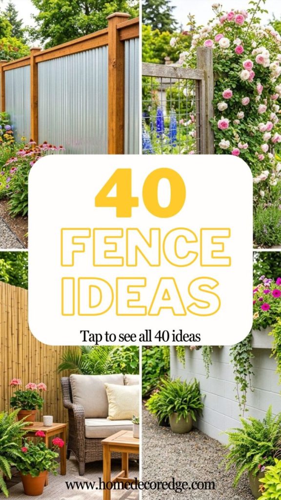 Four fence ideas including corrugated metal timber frame hog wire with roses bamboo privacy and cinderblock with plants