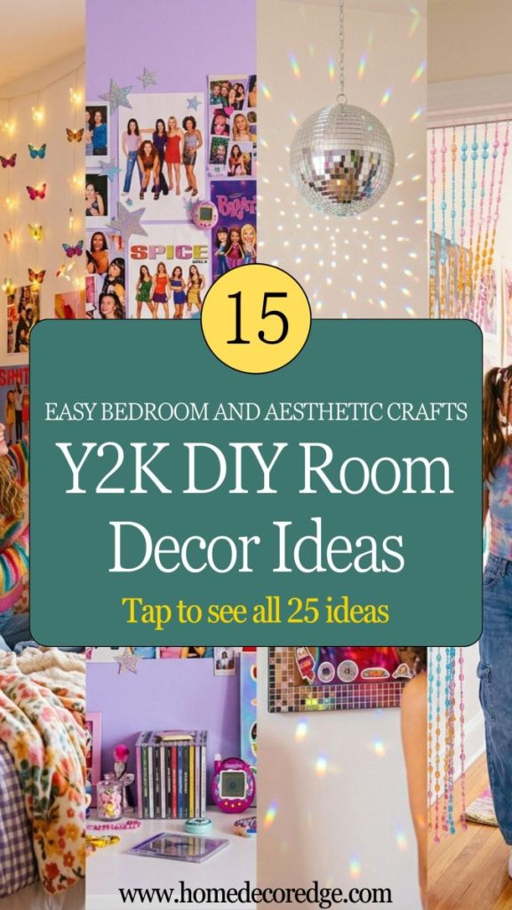 Four Y2K DIY room decor ideas including butterfly fairy lights colorful photo wall collage disco ball mirror and colorful beaded curtains