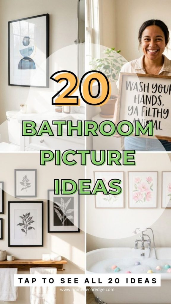 Four bathroom picture ideas including modern elegant framed print funny quote black and white botanical and pink floral gallery wall