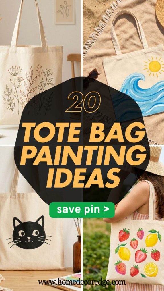 Four tote bag painting ideas including aesthetic flower botanical summer beach scene cute black cat and colorful fruit strawberries lemons