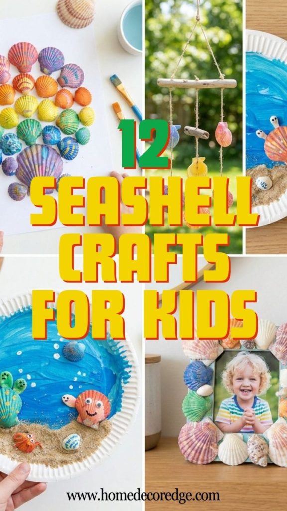 Four seashell crafts for kids including painted colorful shells paper plate ocean scene shell wind chime and decorated shell picture frame