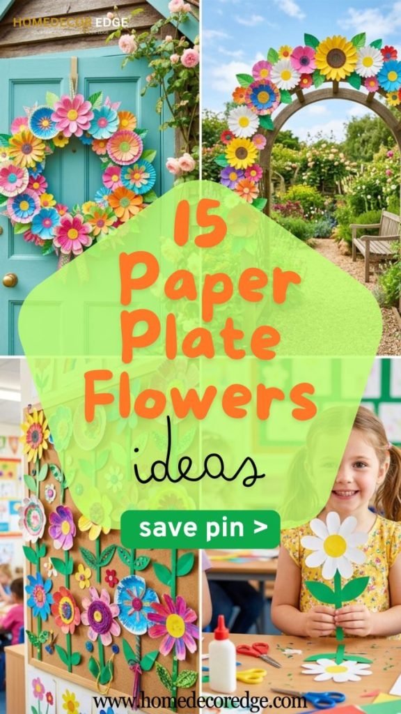Four paper plate flowers ideas including colorful wreath on door garden arch classroom wall display and sweet daisy craft by child