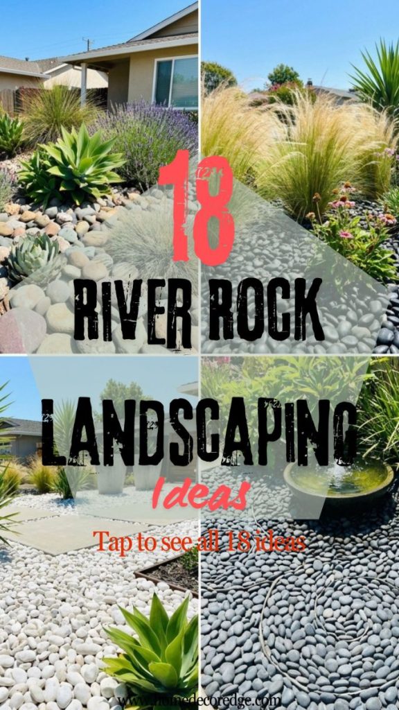 Four river rock landscaping ideas including large front yard rocks black garden bed white modern design and Mexican beach pebbles