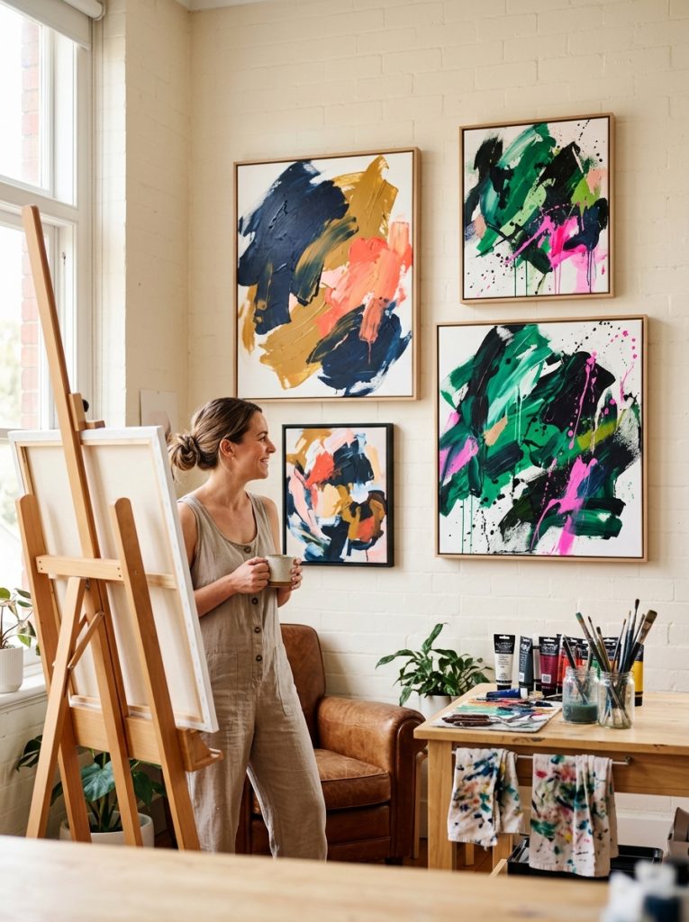 Bold creative abstract acrylic painting ideas with gestural brushwork color contrasts dramatic compositions and expressive mark-making 