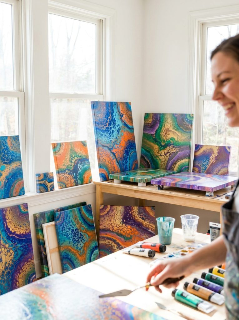 Beautiful abstract acrylic pour painting ideas with gorgeous fluid cell formations and color flows in vibrant color combinations