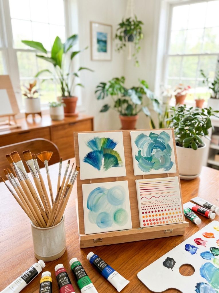 Beautiful acrylic painting brush set with fan flat round and detail brushes showing characteristic marks on canvas painting