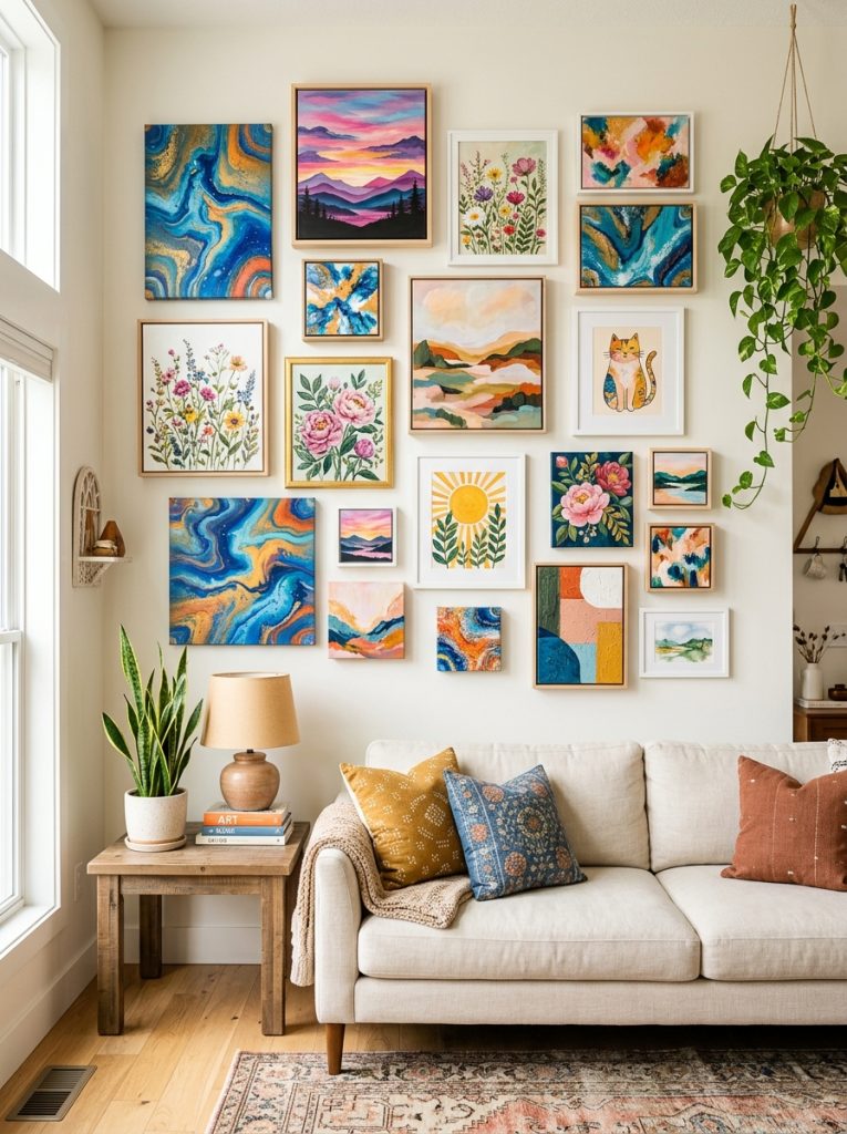 Beautiful complete acrylic painting collection as room gallery wall with abstract pour landscape sunset flower aesthetic and cute canvases