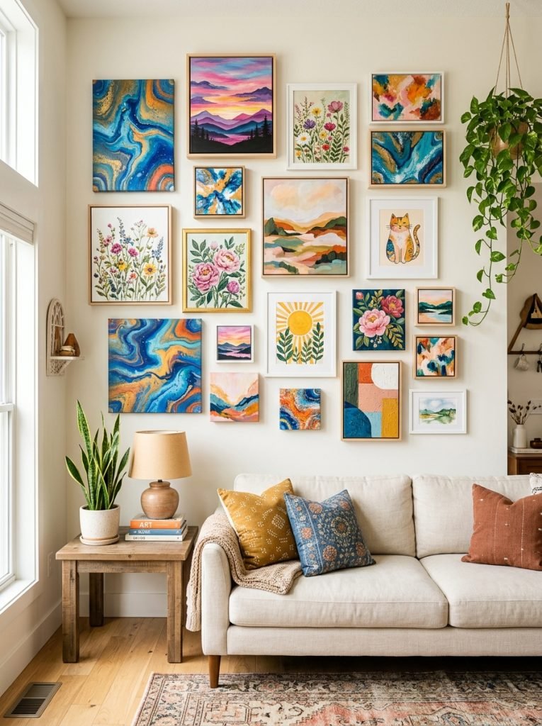 Beautiful complete acrylic painting collection as room gallery wall with abstract pour landscape sunset flower aesthetic and cute canvases