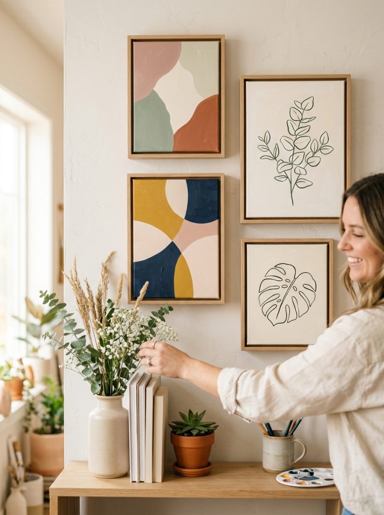 Beautiful canvas aesthetic easy acrylic painting ideas with soft color blocking minimalist botanical line art and simple geometric designs 
