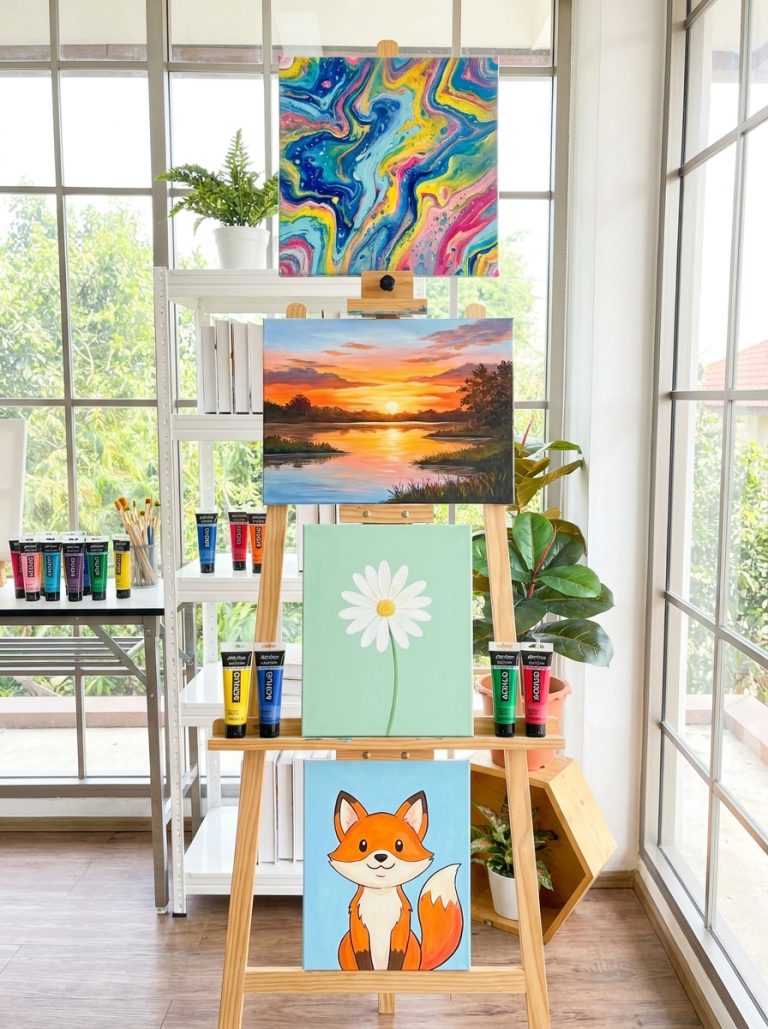 Beautiful acrylic painting ideas display with abstract pour painting sunset landscape aesthetic flower and cute animal canvas in art studio
