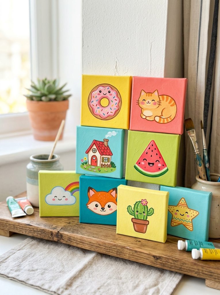 Adorable cute simple easy acrylic painting ideas with kawaii food characters cartoon animals tiny house illustrations on canvas 