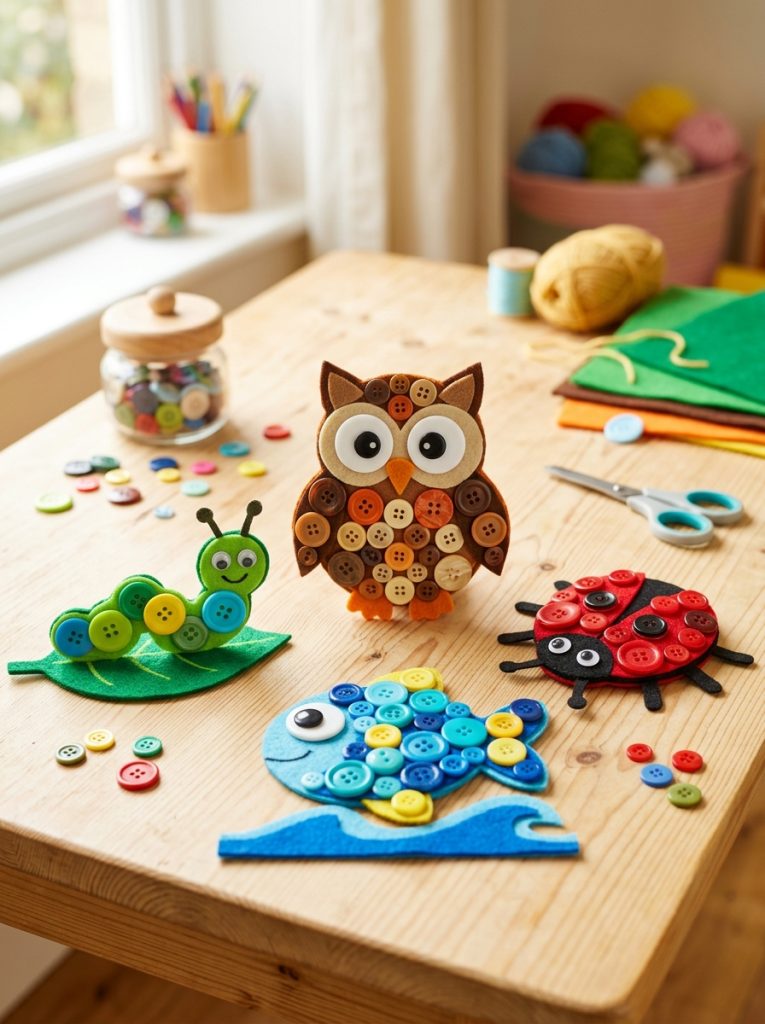 Adorable button animal kids crafts with colorful buttons assembled into caterpillars owls fish and ladybirds as cute creations 