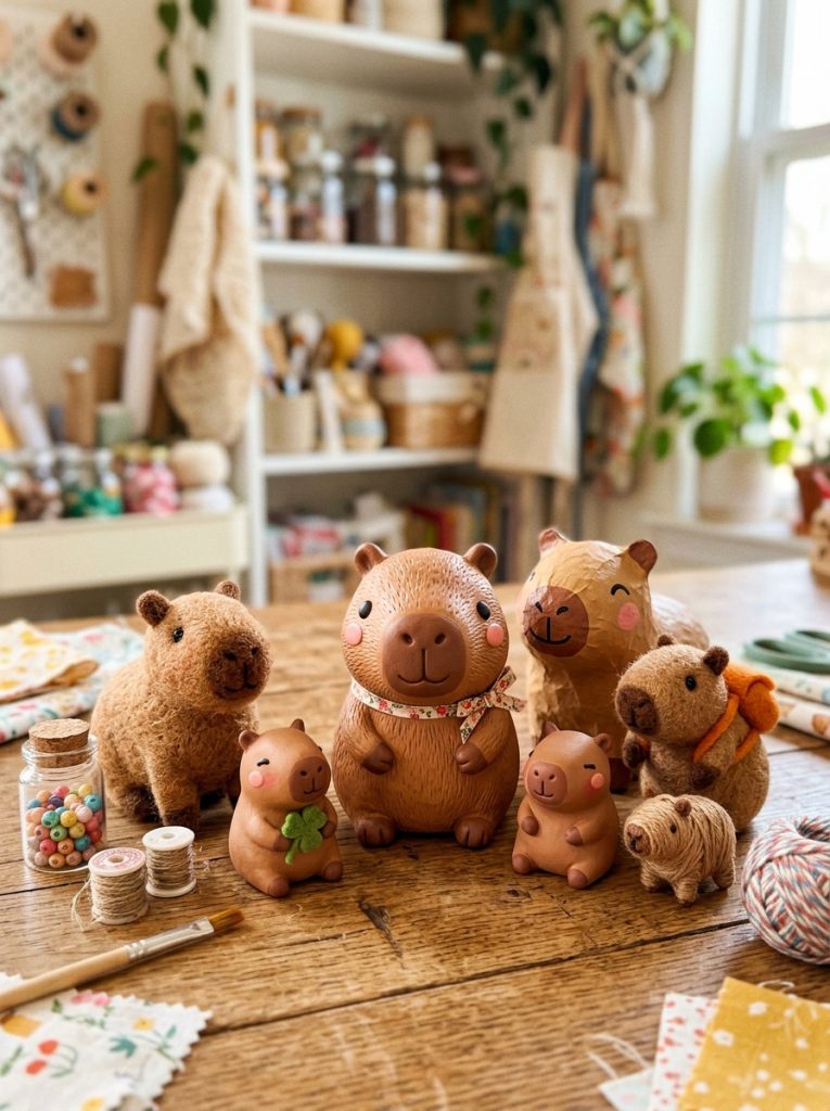Adorable capybara kawaii DIY crafts with clay paper capybara figures in warm brown tones with sweet kawaii expressions displayed 