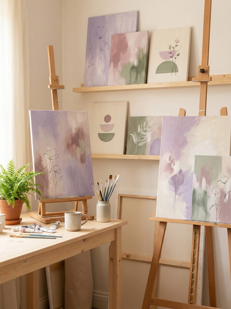 Beautiful aesthetic acrylic painting ideas in lavender pink sage green and cream palettes with botanical and soft abstract elements 