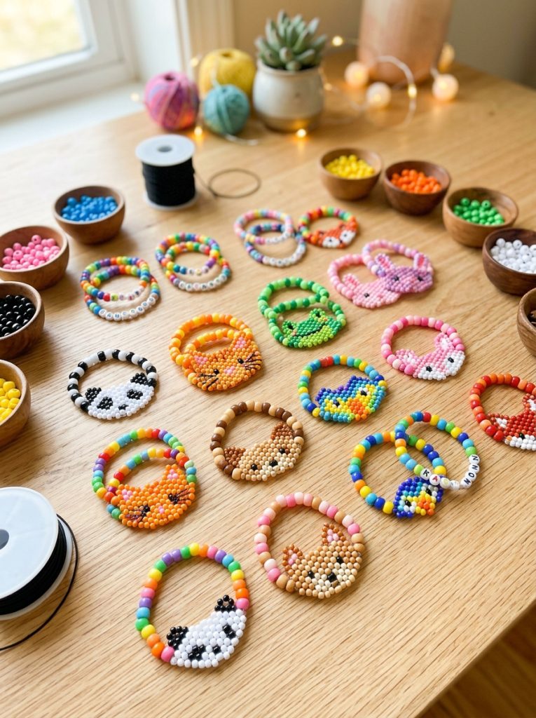 Adorable animal pattern kandi with cat face dog panda and bird patterns created through clever bead color arrangement collection 