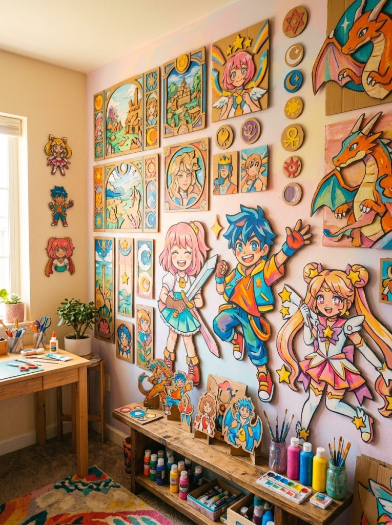 Creative cardboard crafts anime room decorations with cardboard panels and art in bold colors and anime aesthetic
