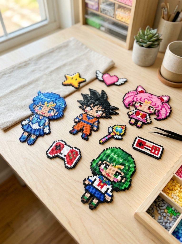 Beautiful anime perler bead patterns with chibi character recreations anime symbols and vibrant anime aesthetic color palettes displayed