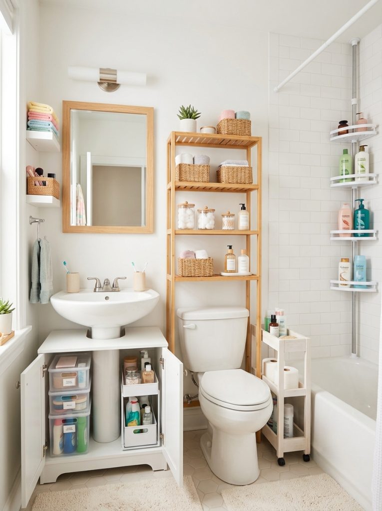  Beautiful small apartment bathroom storage with stackable organizers vertical shelving multi-purpose furniture creative solutions in compact bathroom 