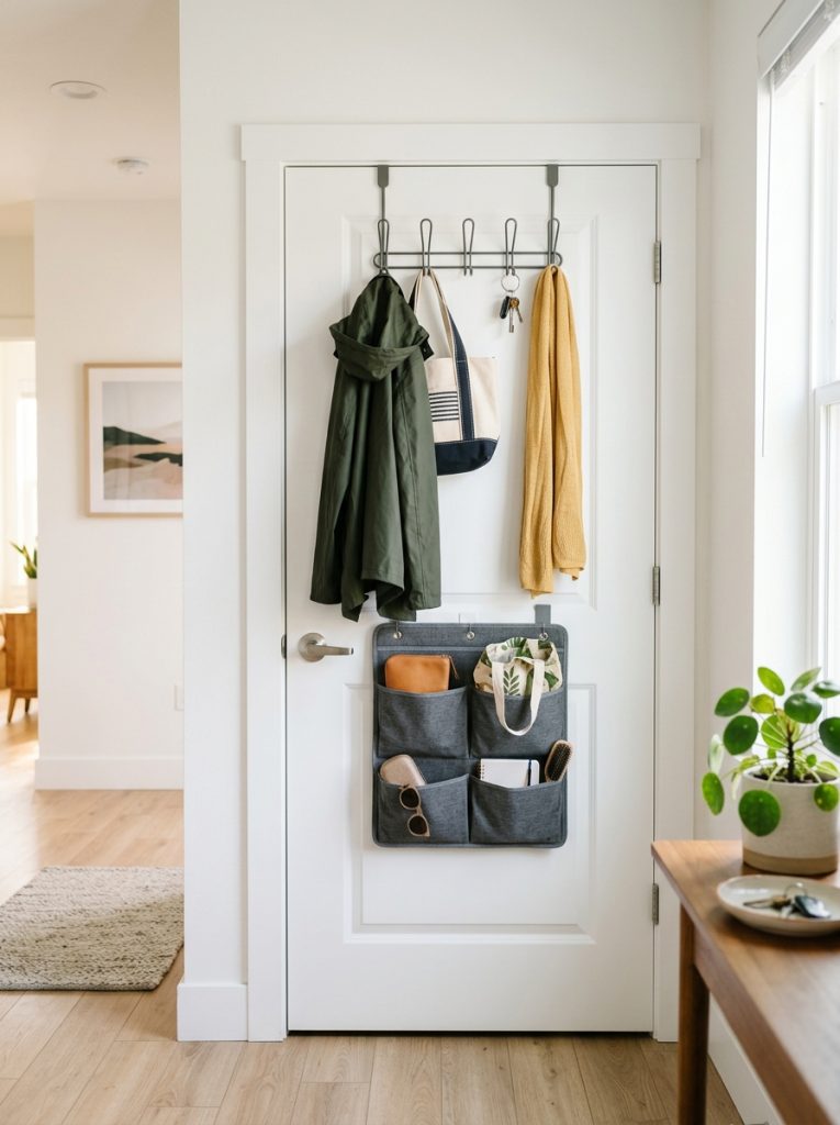  Apartment bedroom door with over door hook organizer and pocket caddy holding bags and coats