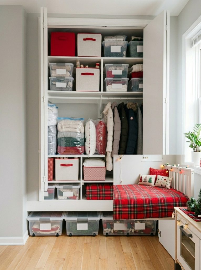  Small apartment closet maximized for holiday decor storage with vacuum bags flat bins and labeled boxes