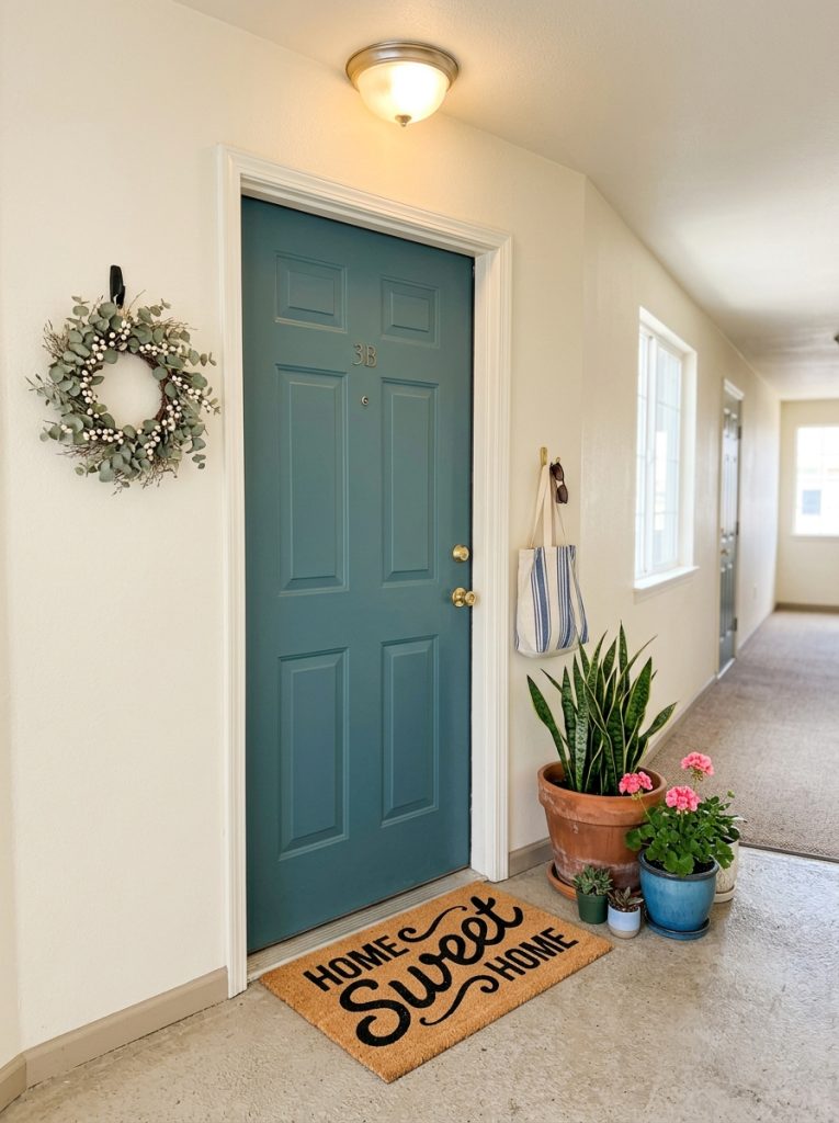 Beautiful apartment outdoor entryway decor with doormat potted plants wreath and simple lighting creating personalized entrance display