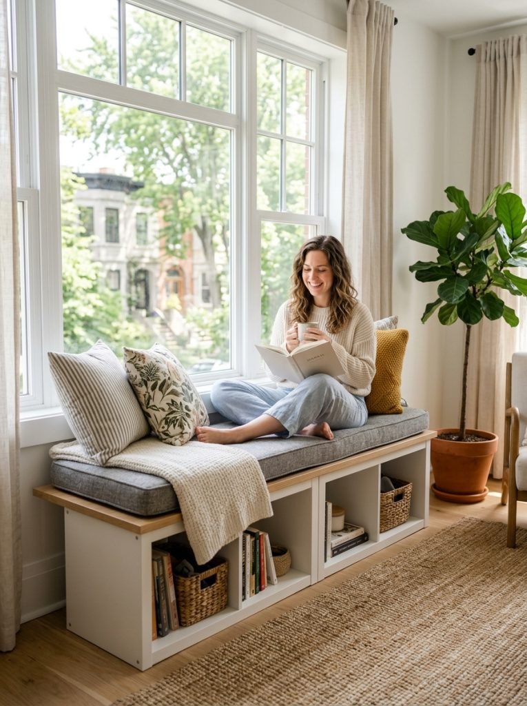 Renter friendly DIY apartment window seat from IKEA units or freestanding bench below window in bright apartment