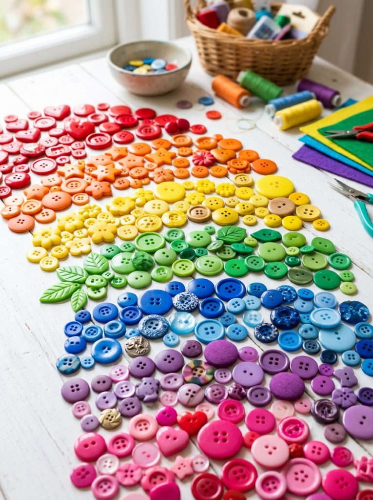 Beautiful assorted button collection for kids with colorful rainbow groupings of different sizes shapes on bright craft surface