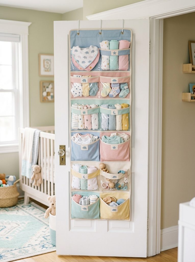 Baby closet door with pastel over door organizer holding tiny clothes bibs and baby accessories