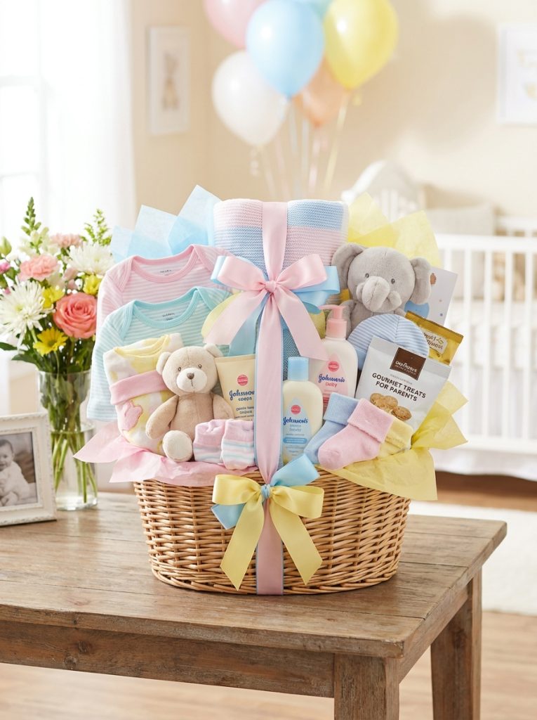 Adorable baby shower gift basket with onesies blanket soft toys bath products accessories and new parent treats in pastel colors 