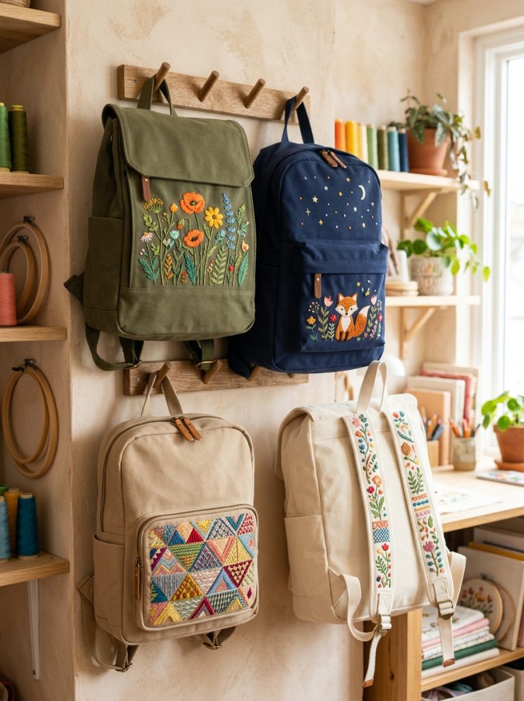 reative backpack embroidery with botanical panels geometric patches character pockets and strap designs displayed as uniquely personalized bags