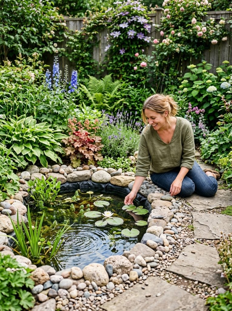 Beautiful simple backyard DIY mini pond with ground-level pond liner aquatic plants natural stone edges and garden plants surrounding