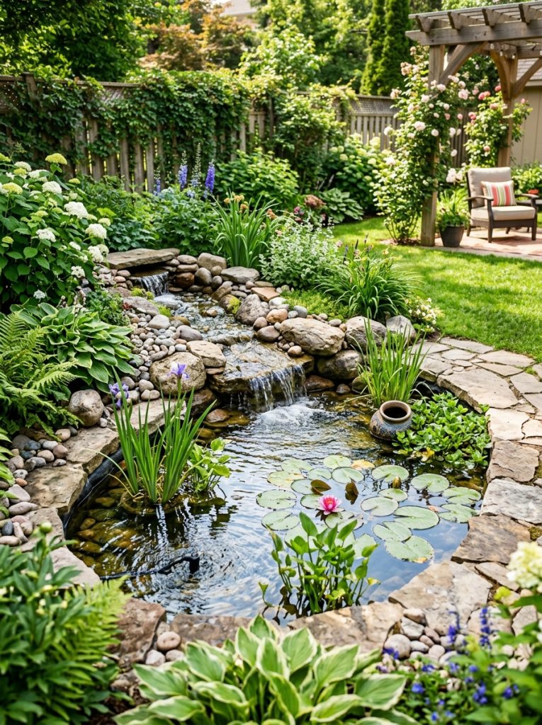 Beautiful backyard water feature DIY mini pond with surrounding landscaping rocks water plants and garden planting as complete water garden