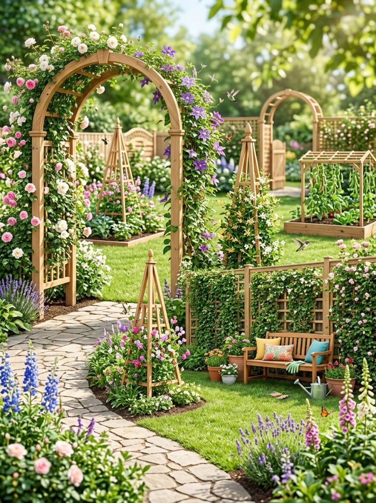 Beautiful backyard DIY wood trellis with panels arches and freestanding structures throughout designed backyard with climbing plants