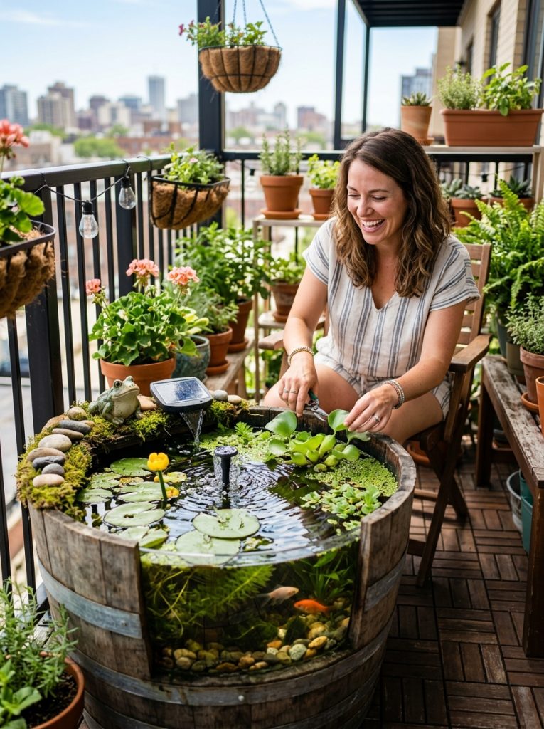 Creative balcony mini pond DIY with large container or half barrel filled with aquatic plants floating plants as self-contained balcony water garden.