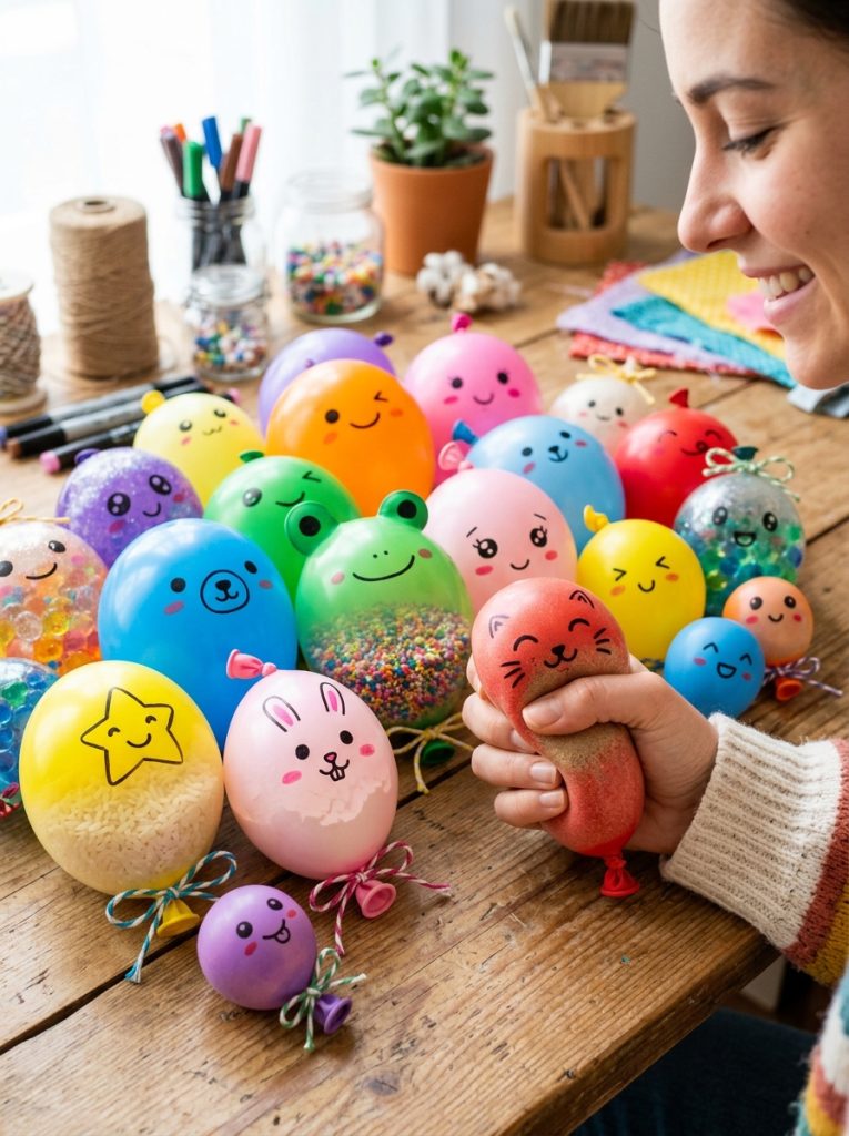 Creative balloon squishies DIY with balloons filled with flour rice beads and cornstarch tied off with kawaii faces in different textures