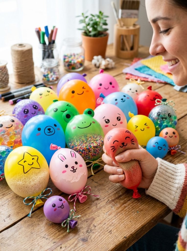 Creative balloon squishies DIY with balloons filled with flour rice beads and cornstarch tied off with kawaii faces in different textures